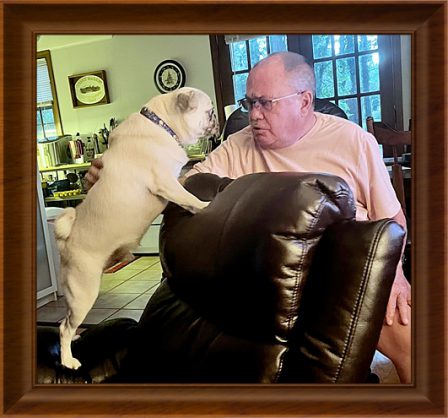 Grandpa having words with Richard - Adult White Pug | The reason a dog has so many friends is that he wags his tail instead of his tongue.