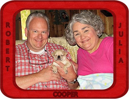Skye's Cooper with his new mom and dad Robert & Julia - Fawn Pug Puppies | Petting, scratching, and cuddling a dog could be as soothing to the mind and heart as deep meditation and almost as good for the soul as prayer.