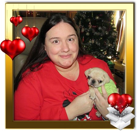 Mulan/Bella with her new mom Heather - White Pug Puppies | The reason a dog has so many friends is that he wags his tail instead of his tongue.
